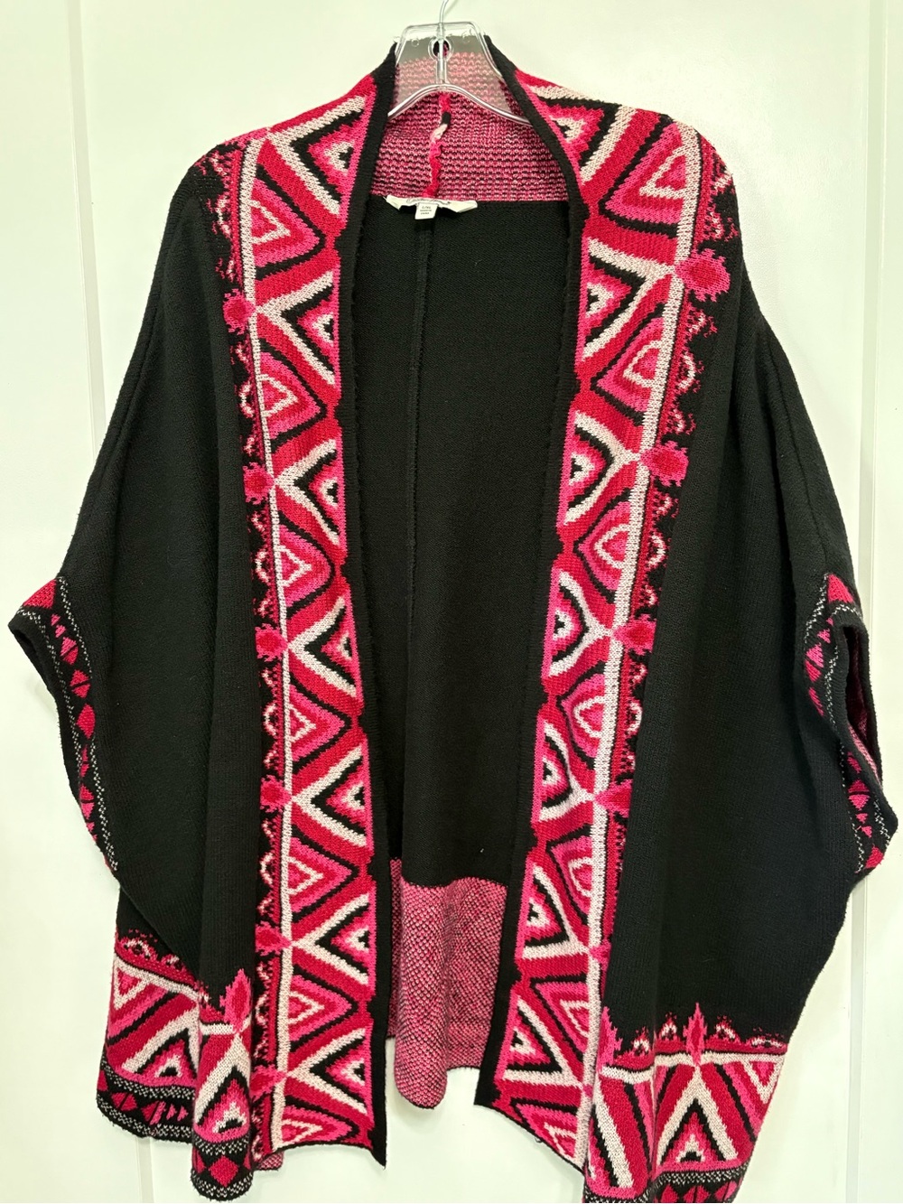The Pioneer Woman Ruana Sweater L/XL Black Pink Geometric Cardigan Poncho